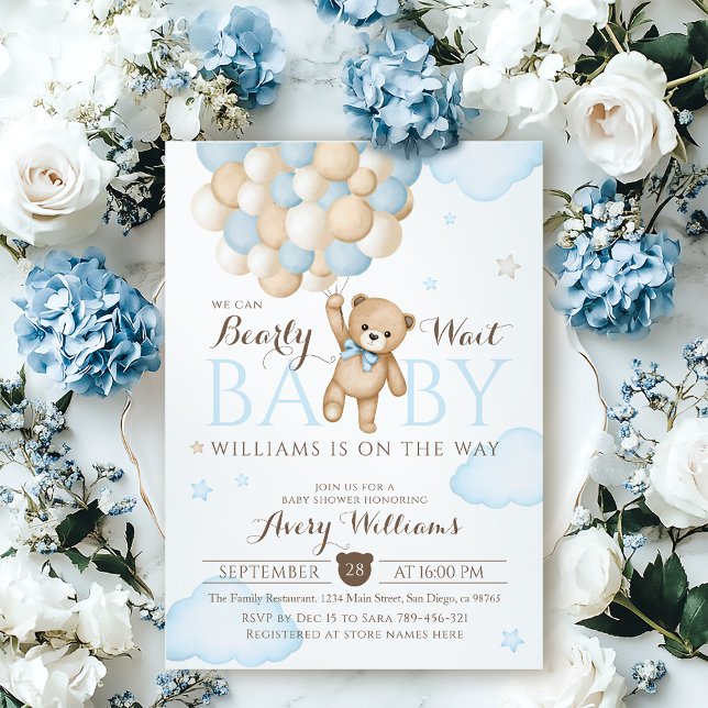 We Can Bearly Wait Balloon Bear Baby Boy Shower  Invitation (Creator Uploaded)