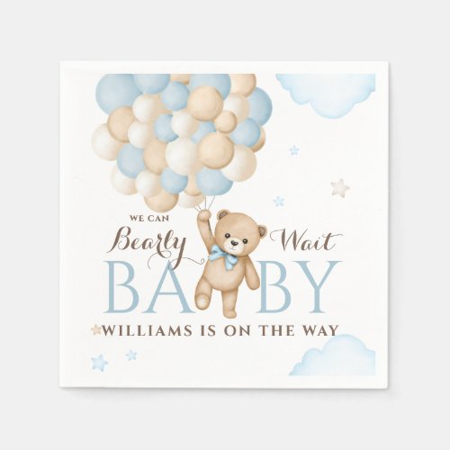 We Can Bearly Wait Balloon Bear Baby Boy Shower  Napkins