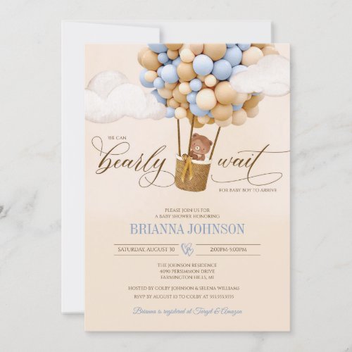 We Can Bearly Wait Balloons Boy Baby Shower Invitation