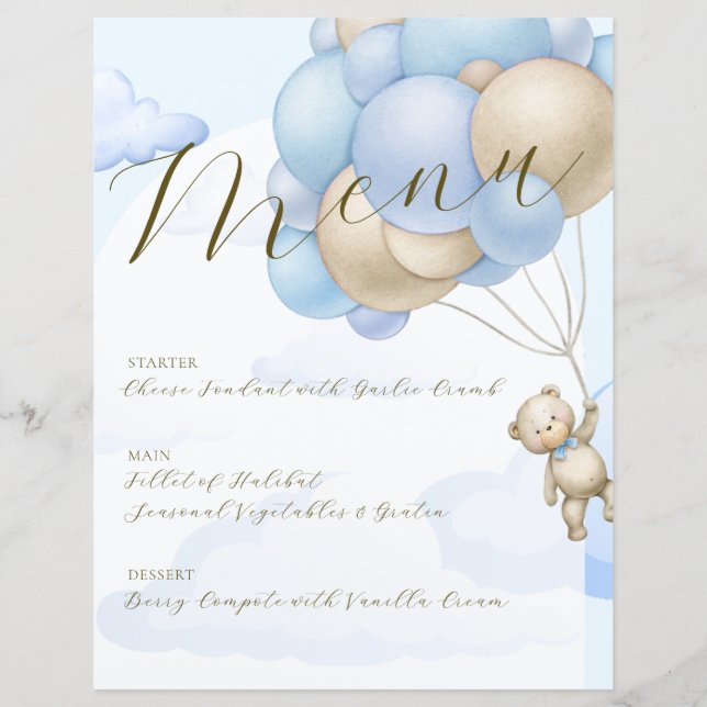 We Can Bearly Wait Balloons Boy Baby Shower Menu (Front)
