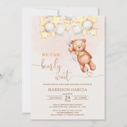 We Can Bearly Wait Balloons Teddy Bear Baby Shower Invitation