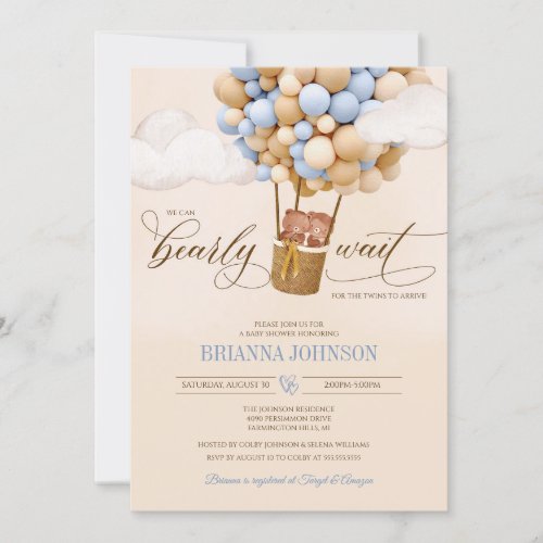 We Can Bearly Wait Balloons Twin Boy Baby Shower Invitation