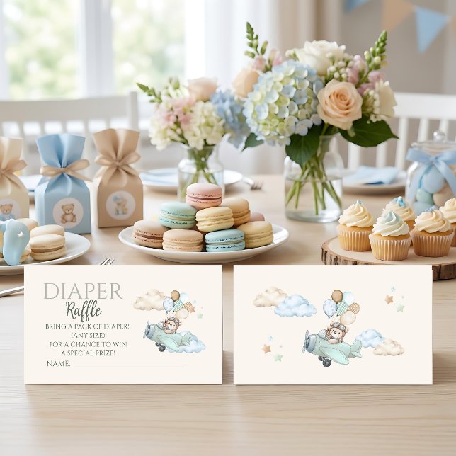 We Can Bearly Wait Bear Airplane Diaper Raffle Enclosure Card (Aviator Teddy Bear Baby Shower Diaper Raffle Card. Blue Boy Airplane Game. We Can Bearly Wait.)