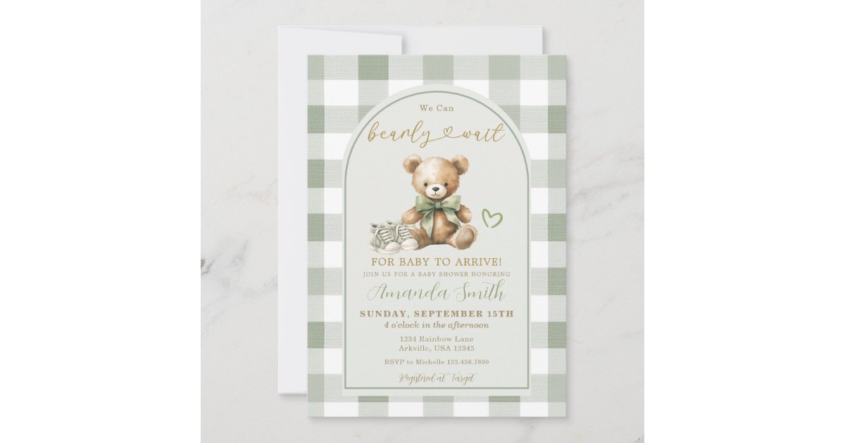 We can Bearly Wait Bear Baby Sage Baby Shower Invitation | Zazzle