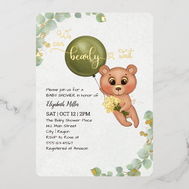 We Can Bearly Wait Bear Baby Shower  Foil Invitation (Front)