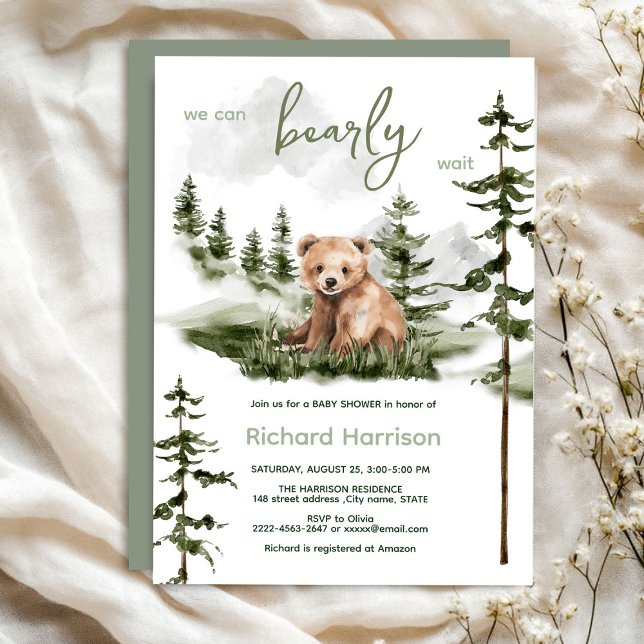 We can bearly wait bear baby shower invitation (Bearly wait cute watercolor forest baby shower invitation )