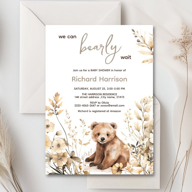 We can bearly wait bear baby shower invitation (Cute watercolor forest bear with rustic beige flowers baby shower invitation)