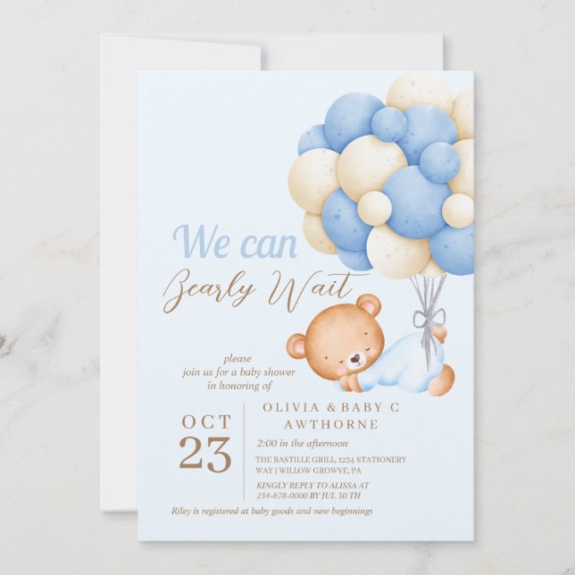 We can Bearly Wait Bear Balloon Baby Boy Shower Invitation (Front)