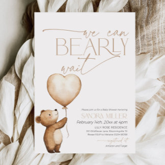We Can Bearly Wait Bear Balloon Baby Shower Invitation