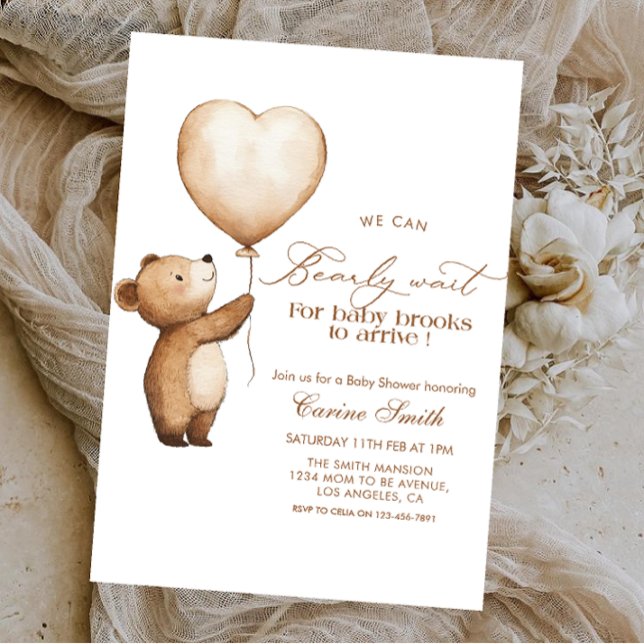 We Can Bearly Wait bear & balloon Baby Shower Invitation (Creator Uploaded)