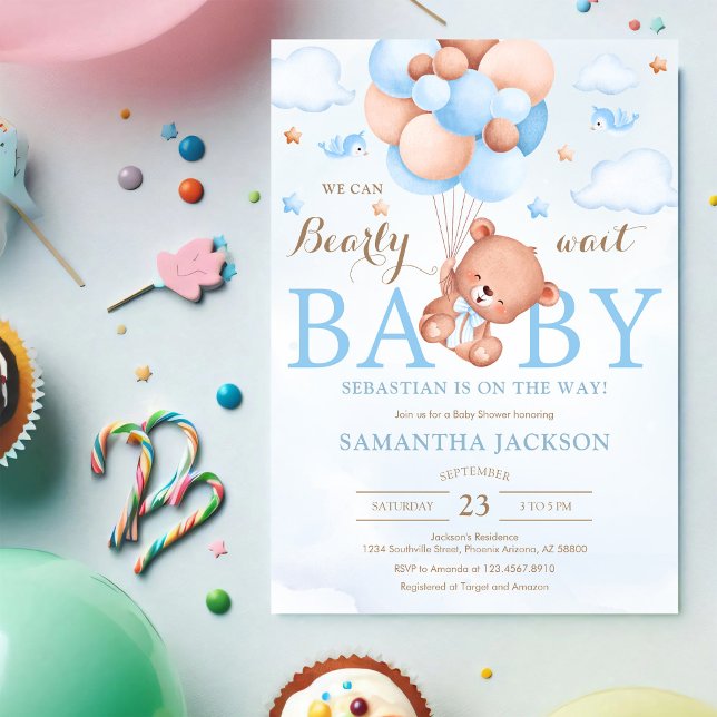 We Can Bearly Wait Bear Balloon Baby Shower  Invitation (Creator Uploaded)