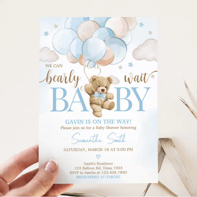 We Can Bearly Wait Bear Balloon Baby Shower Invitation | Zazzle