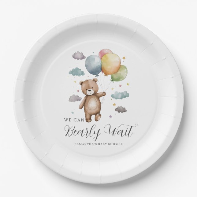 We Can Bearly Wait Bear Balloon Baby Shower  Paper Plates (Front)