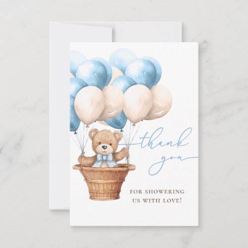 We Can Bearly Wait  Bear Balloon Blue Baby Shower Thank You Card