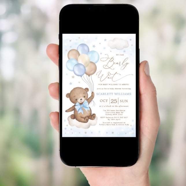 We Can Bearly Wait Bear Balloon Boy Baby Shower  Invitation (Front Digital)