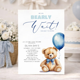 We Can Bearly Wait Bear Balloon Boy Baby Shower Invitation