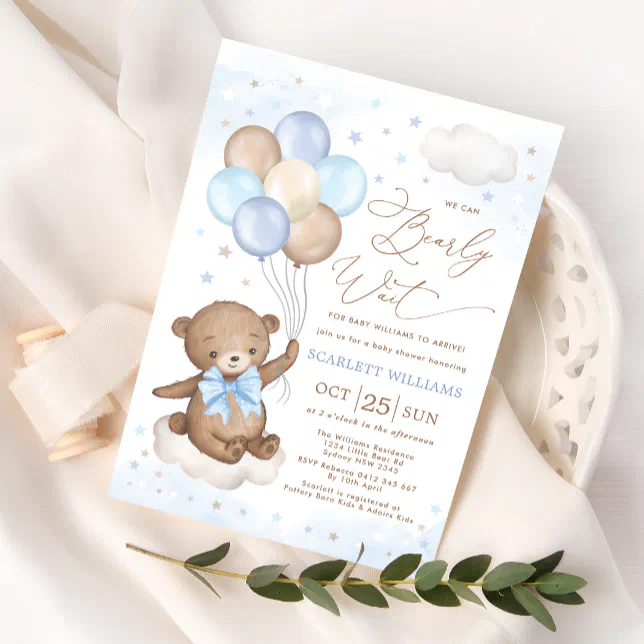 We Can Bearly Wait Bear Balloon Boy Baby Shower Invitation | Zazzle