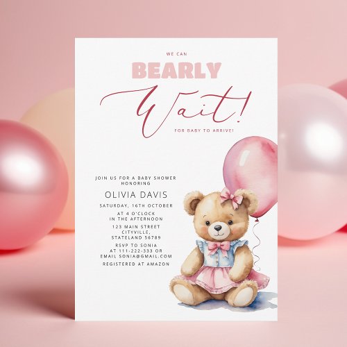 We Can Bearly Wait Bear Balloon Girl Baby Shower Invitation