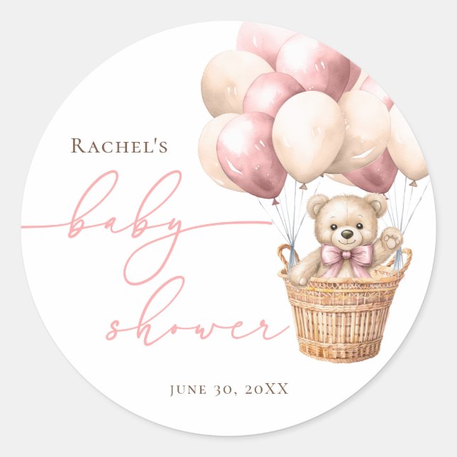 We Can Bearly Wait | Bear Balloon Pink Baby Shower Classic Round Sticker (Front)