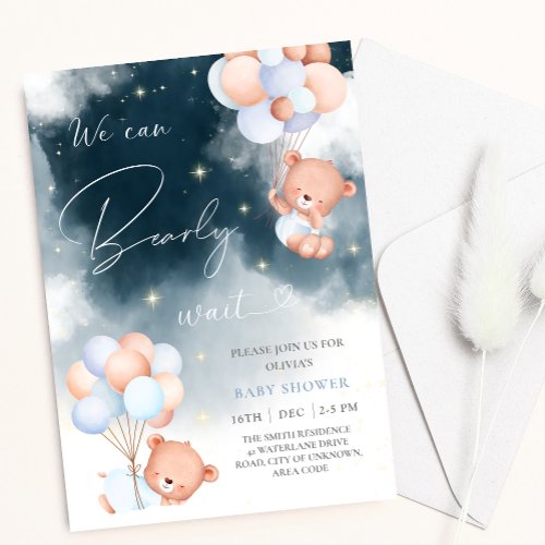 We Can Bearly Wait Bear Balloons Boy Baby Shower Invitation