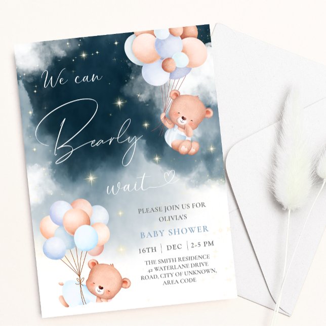 We Can Bearly Wait Bear Balloons Boy Baby Shower Invitation (Creator Uploaded)