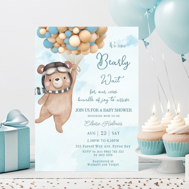 We Can Bearly Wait Bear Balloons Boy Baby Shower Invitation (Creator Uploaded)