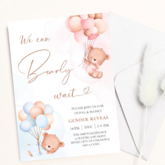 We Can Bearly Wait Bear Balloons Gender Reveal Invitation