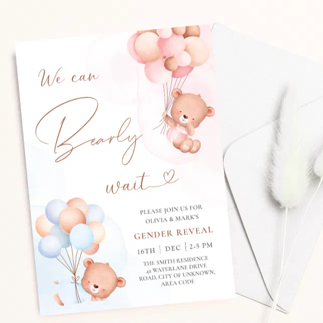 We Can Bearly Wait Bear Balloons Gender Reveal Invitation | Zazzle