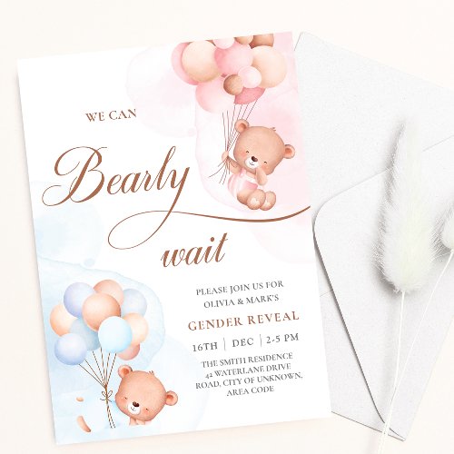 We Can Bearly Wait Bear Balloons Gender Reveal Invitation