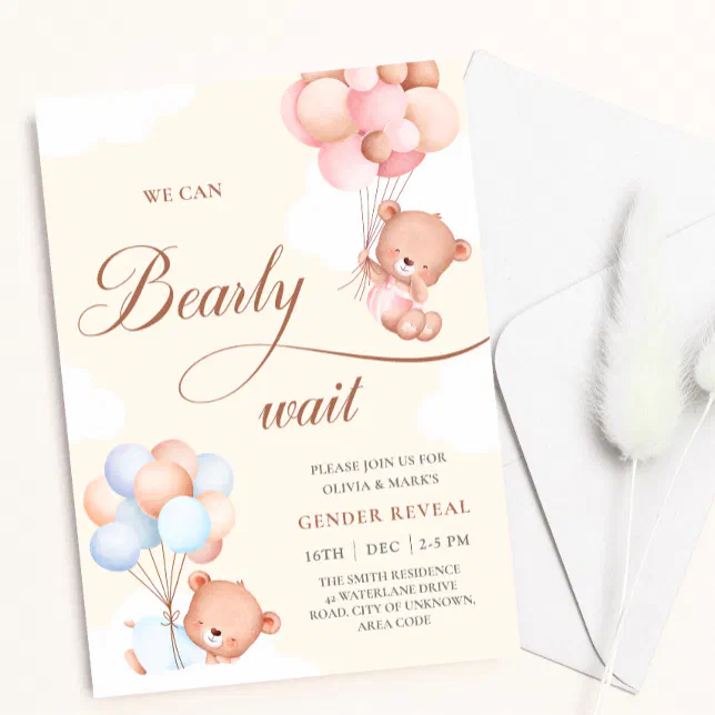 We Can Bearly Wait Bear Balloons Gender Reveal Invitation | Zazzle