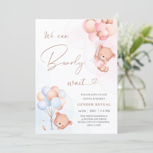 We Can Bearly Wait Bear Balloons Gender Reveal Invitation | Zazzle