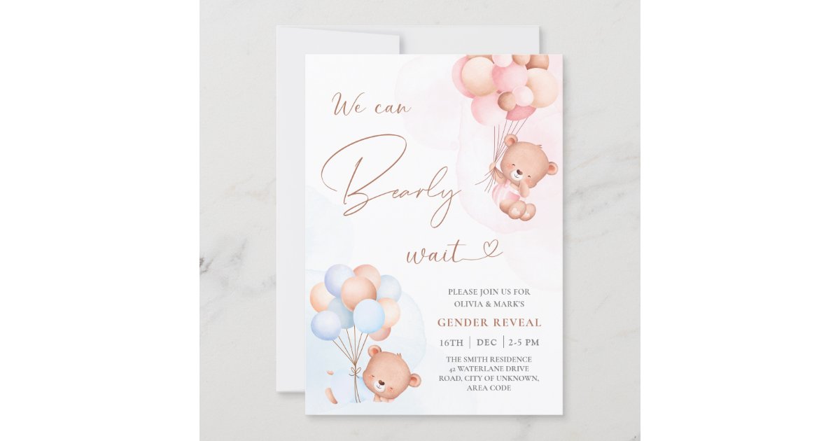 We Can Bearly Wait Bear Balloons Gender Reveal Invitation | Zazzle