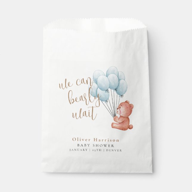 We Can Bearly Wait Bear Blue Balloon Baby Shower Favor Bag (Front)