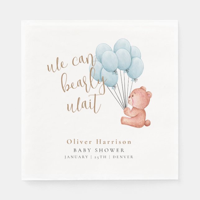 We Can Bearly Wait Bear Blue Balloon Baby Shower Napkins (Front)