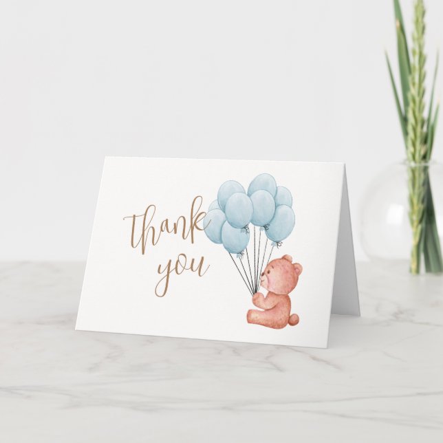 We Can Bearly Wait Bear Blue Balloon Baby Shower Thank You Card (Front)
