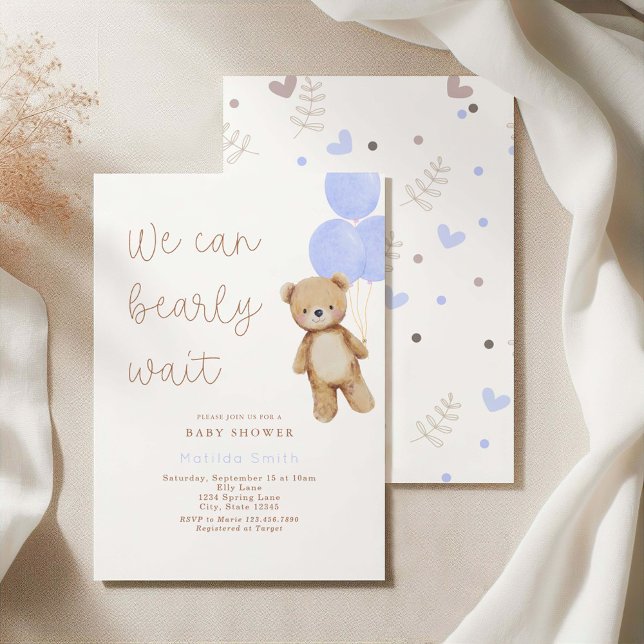 We Can Bearly Wait Bear Blue Balloons Baby Shower Invitation (Creator Uploaded)