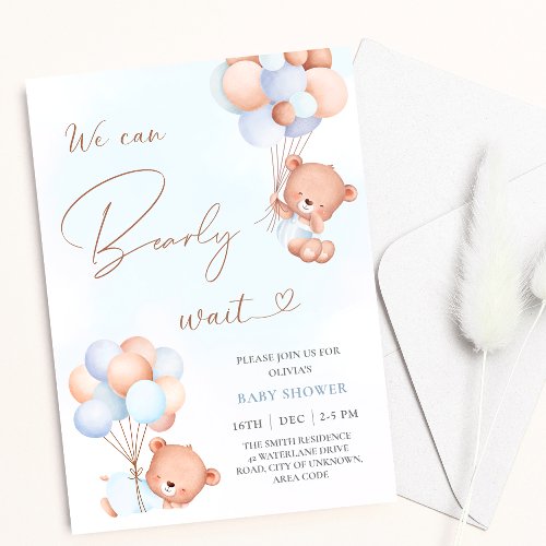 We Can Bearly Wait Bear Blue Balloons Baby Shower Invitation