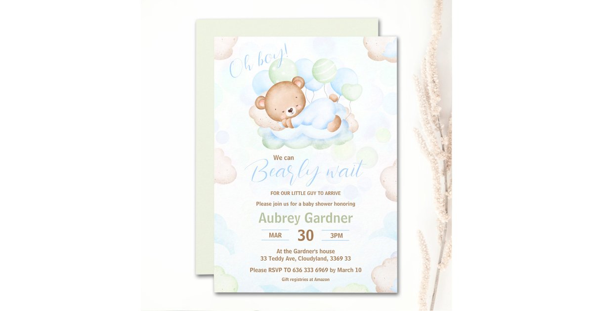 We Can Bearly Wait Bear Blue Green Boy Baby Shower Invitation | Zazzle