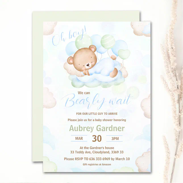 We Can Bearly Wait Bear Blue Green Boy Baby Shower Invitation | Zazzle