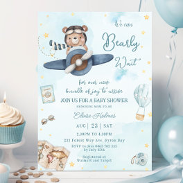 We Can Bearly Wait Bear Blue Plane Boy Baby Shower Invitation