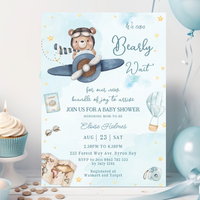 We Can Bearly Wait Bear Blue Plane Boy Baby Shower Invitation (aviation-cute-bear-riding-a-blue-plane-boy-baby-shower-we-can-bearly-wait-adventure-invitation-cards)