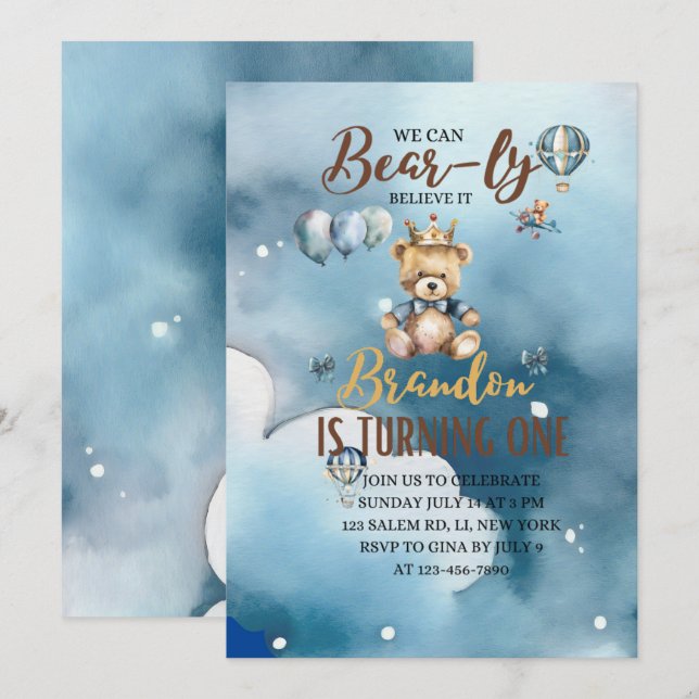 We Can Bearly Wait, Bear, Brown, Blue, Birthday Announcement (Front/Back)