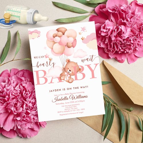 We Can Bearly Wait Bear Cub Pink Girl Baby Shower Invitation