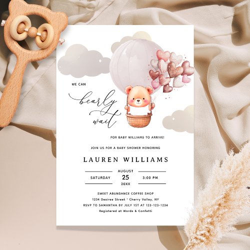 We Can Bearly Wait Bear Elegant Girl Baby Shower  Invitation