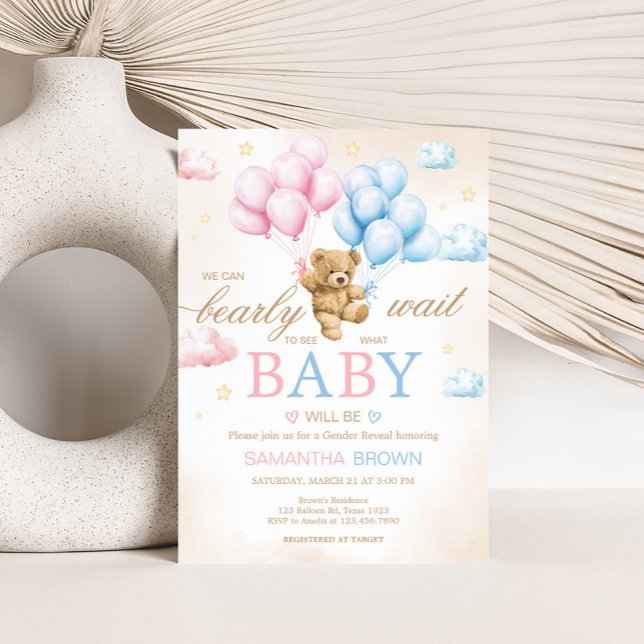 We Can Bearly Wait Bear Gender Reveal  Invitation (Bear Balloon He or She Gender Reveal Invitation)