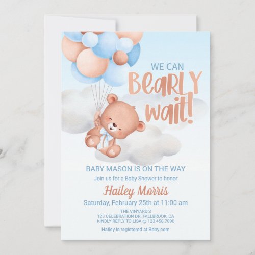 We Can Bearly Wait Bear Invitation Baby shower  Invitation