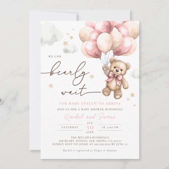We Can Bearly Wait Bear Pink Balloon Baby Shower Invitation (Front)