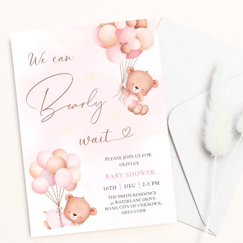 We Can Bearly Wait Bear Pink Balloons Baby Shower Invitation