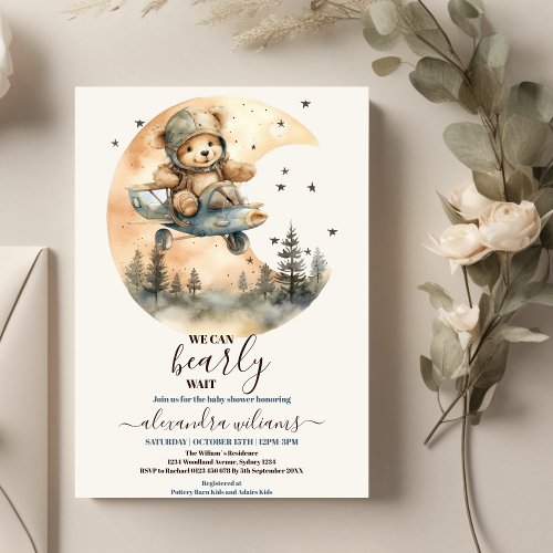 We Can Bearly Wait Bear Plane Baby Shower  Invitation