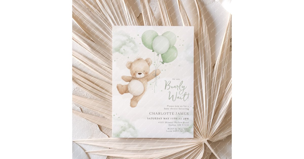 We can Bearly Wait! Bear Sage Balloon Baby Shower Invitation | Zazzle
